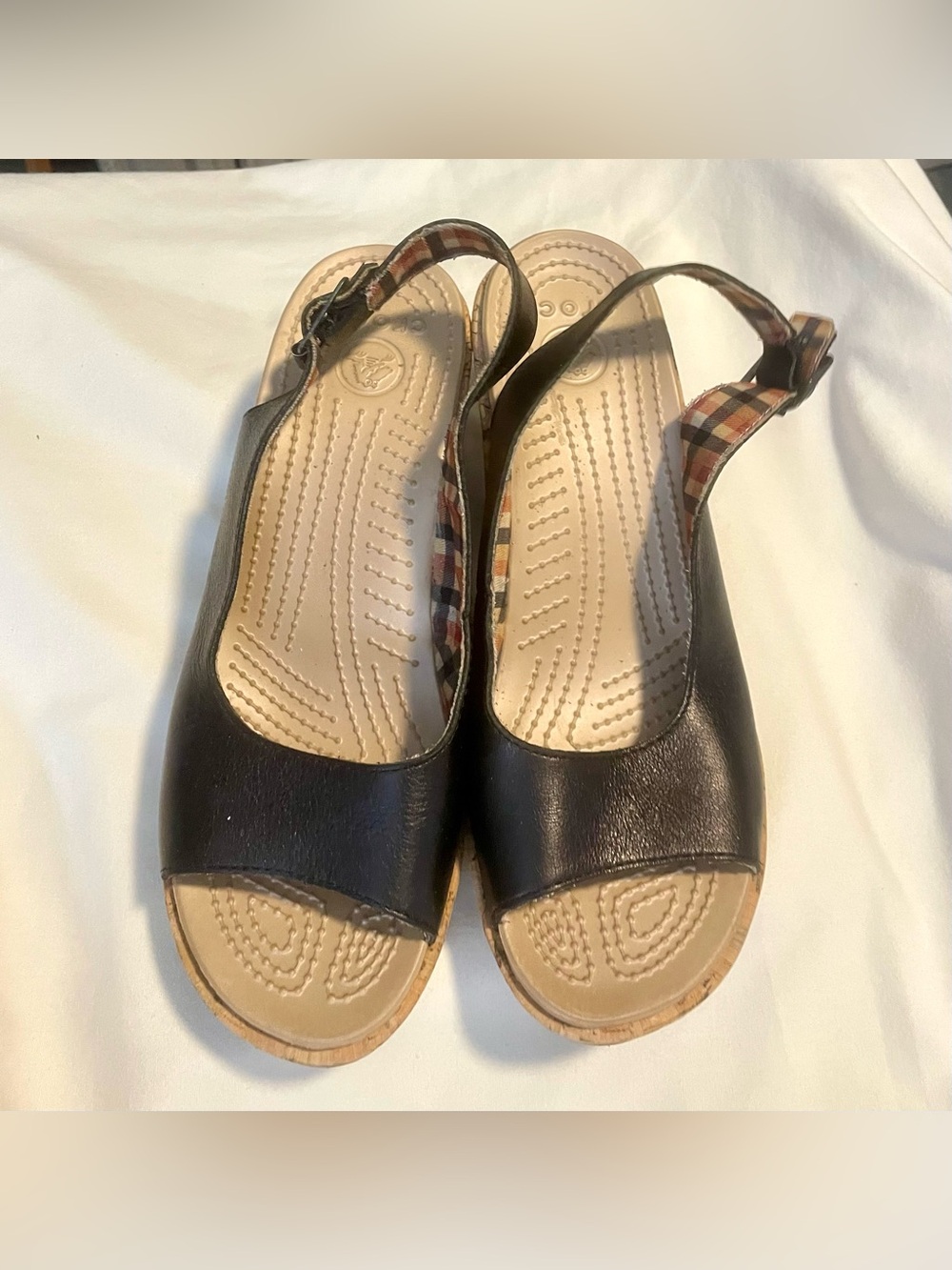 Crocs A-Leigh Cork Wedge Heel~ Sandals-Slingback Strap/Open Toe -Wmns Sz 9-Black